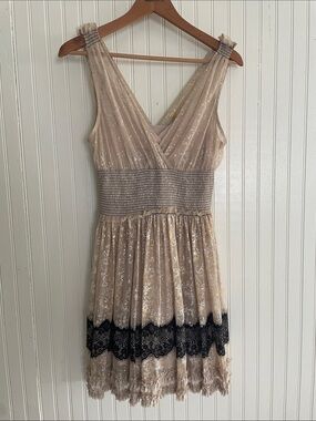 Free People Beige Metallic Lace-Trim Mini Dress